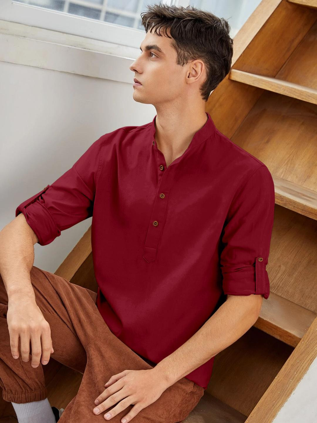 Fifth U Men Solid Maroon Short Kurta