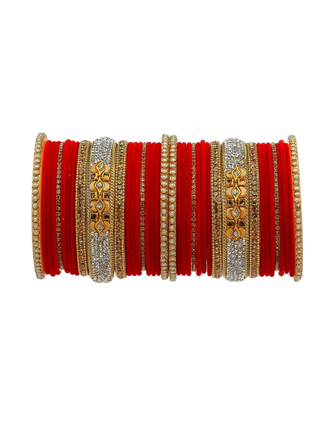 GLIKA Women Red & Gold-Toned Ethnic Zircon Gemstone Glossy Bangles Set