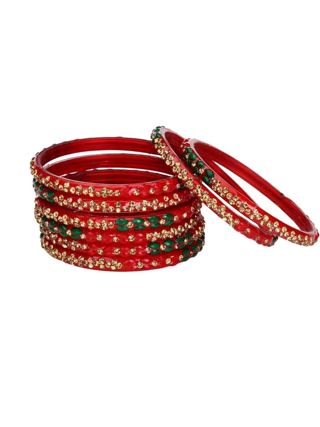 1ST TIME Women Pack of 8 Red With Gold & Green Stones Studded Alloy Bangles
