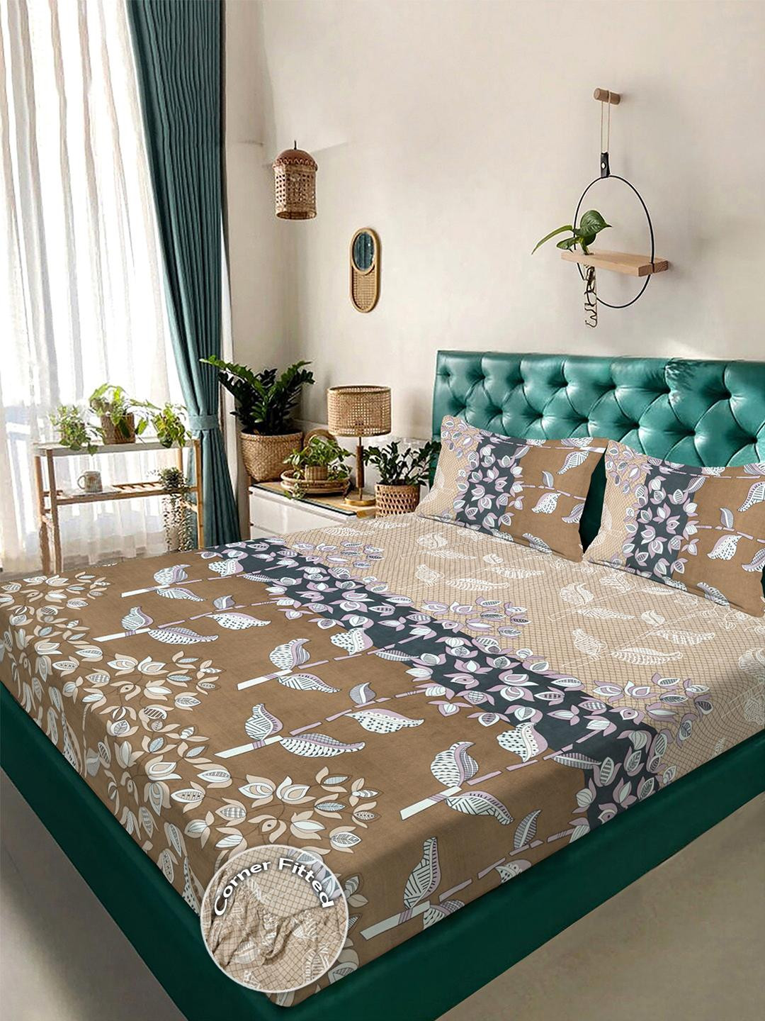 KLOTTHE Beige Floral Printed Fitted 300 Super King Bedsheet With 2 Pillow Cover