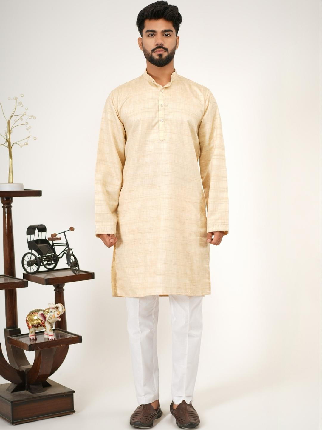 Aadi Shuddh Men Solid Brown Straight Cotton Blended Mandarin Collar Kurta