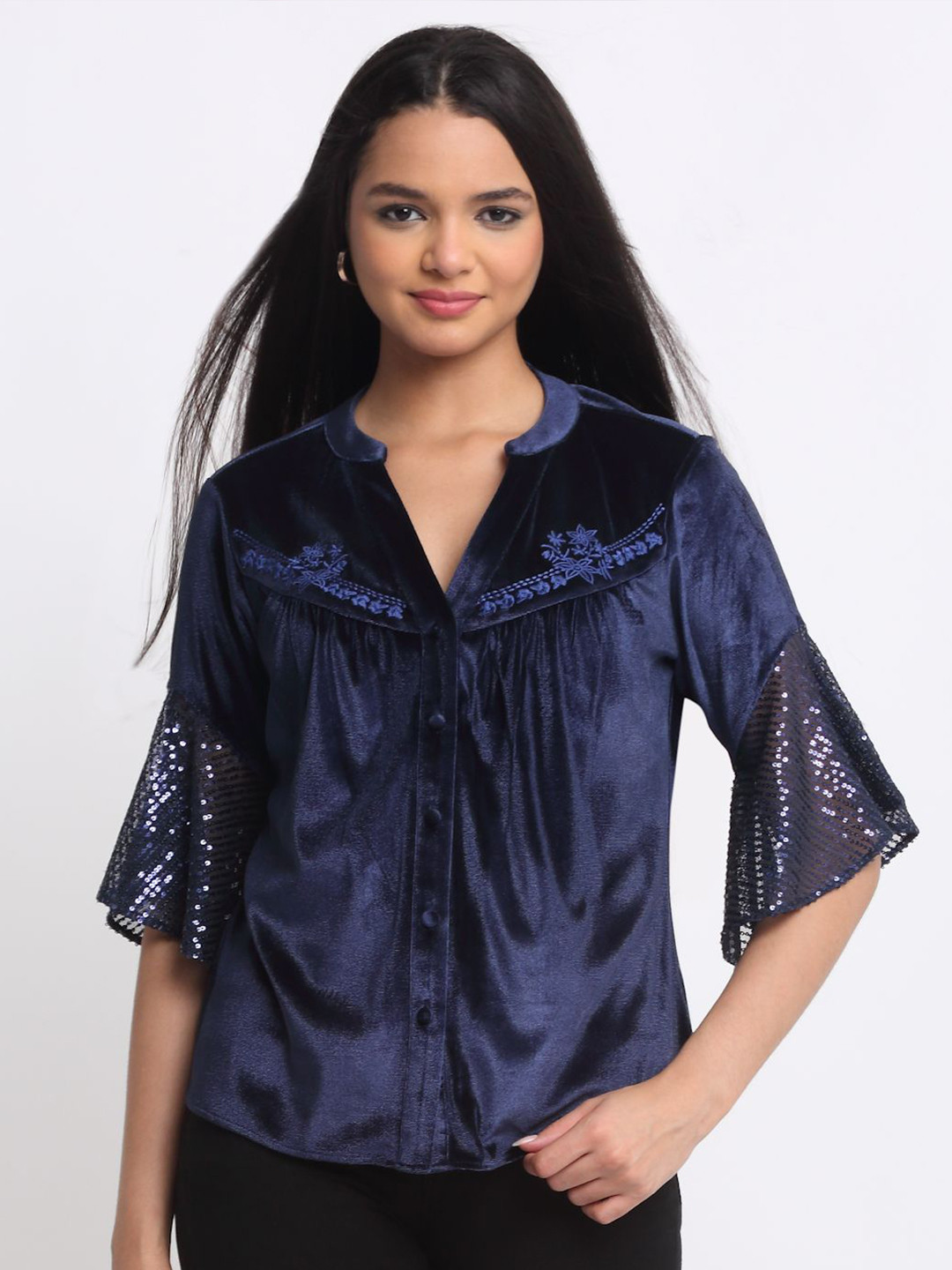 SHAYE Relaxed Floral Embroidered Three-Quarter Sleeves Velvet Party Shirt