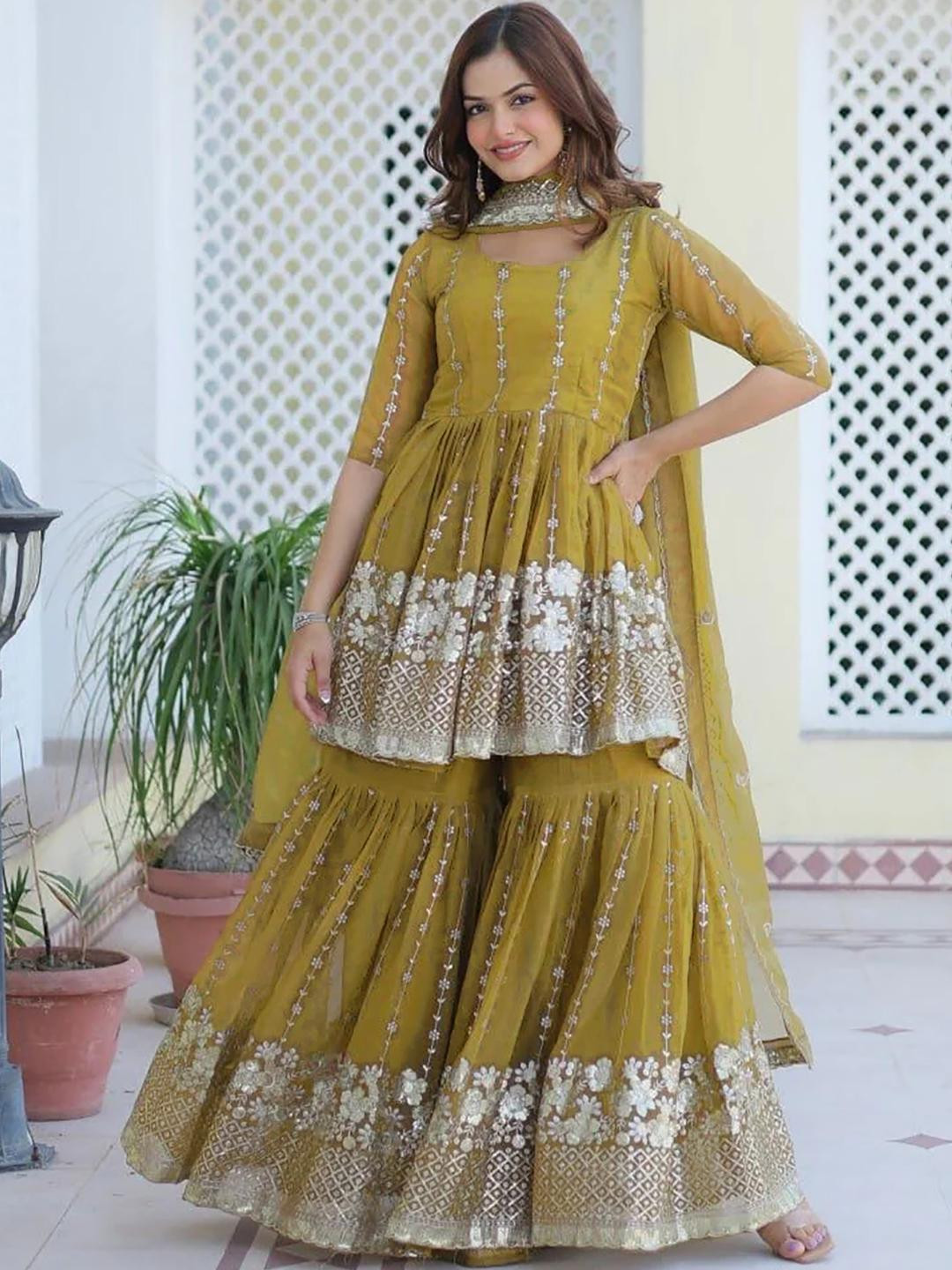 Kedar Fab Women Floral Embroidered Regular Sequinned Kurta with Sharara & With Dupatta