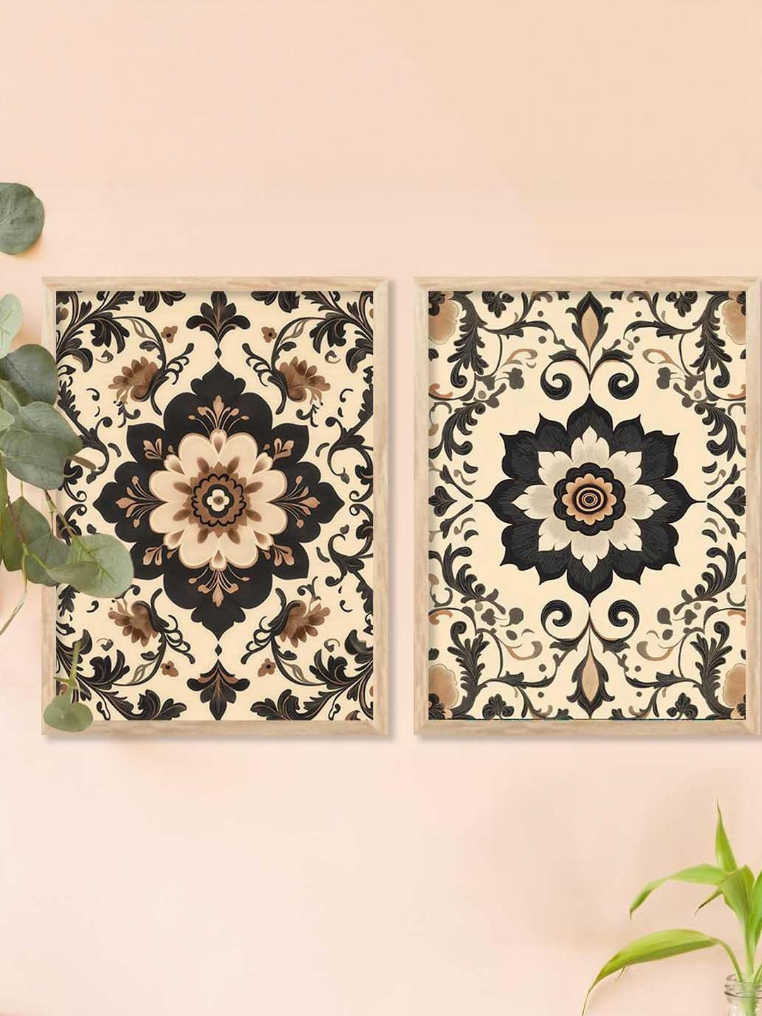WALLLANE Brown & Cream-Coloured 2 Piece Floral Wall Art Poster With Frame