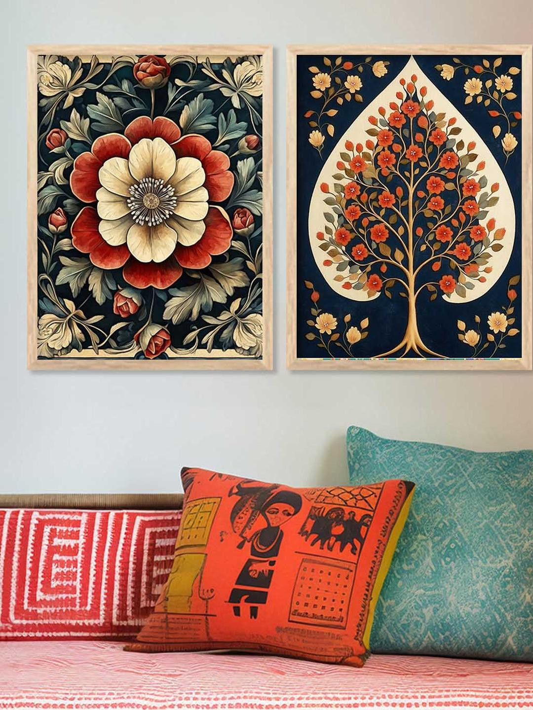 WALLLANE Brown 2 Piece Wooden Floral and Botanical Wall Painting With Frame For Home Dcor