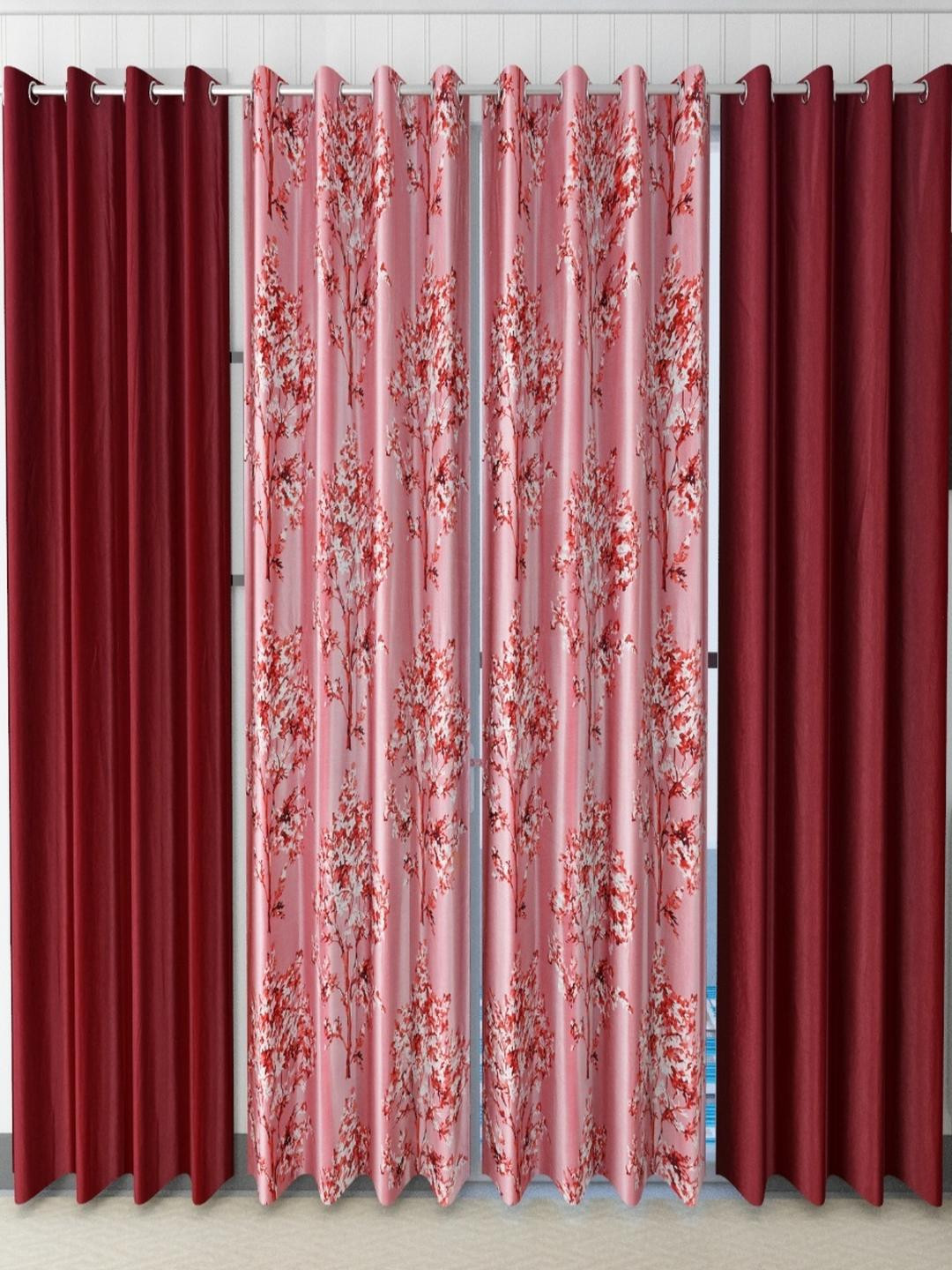 AADI TRADERS Set of 4 Maroon & Pink Floral Long Curtains