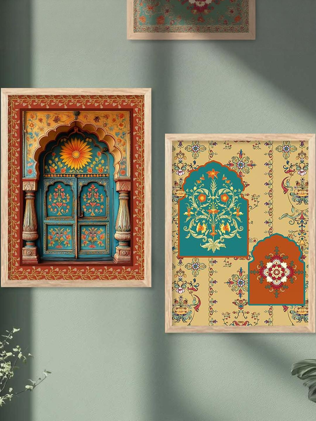 WALLLANE Set of 2 Brown Wood Traditional Wall Paintings With Frame