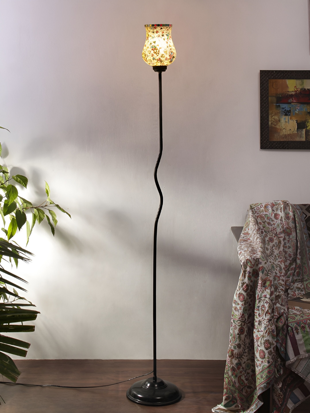 Devansh White & Black Contemporary Textured  Floor Lamp With Shade