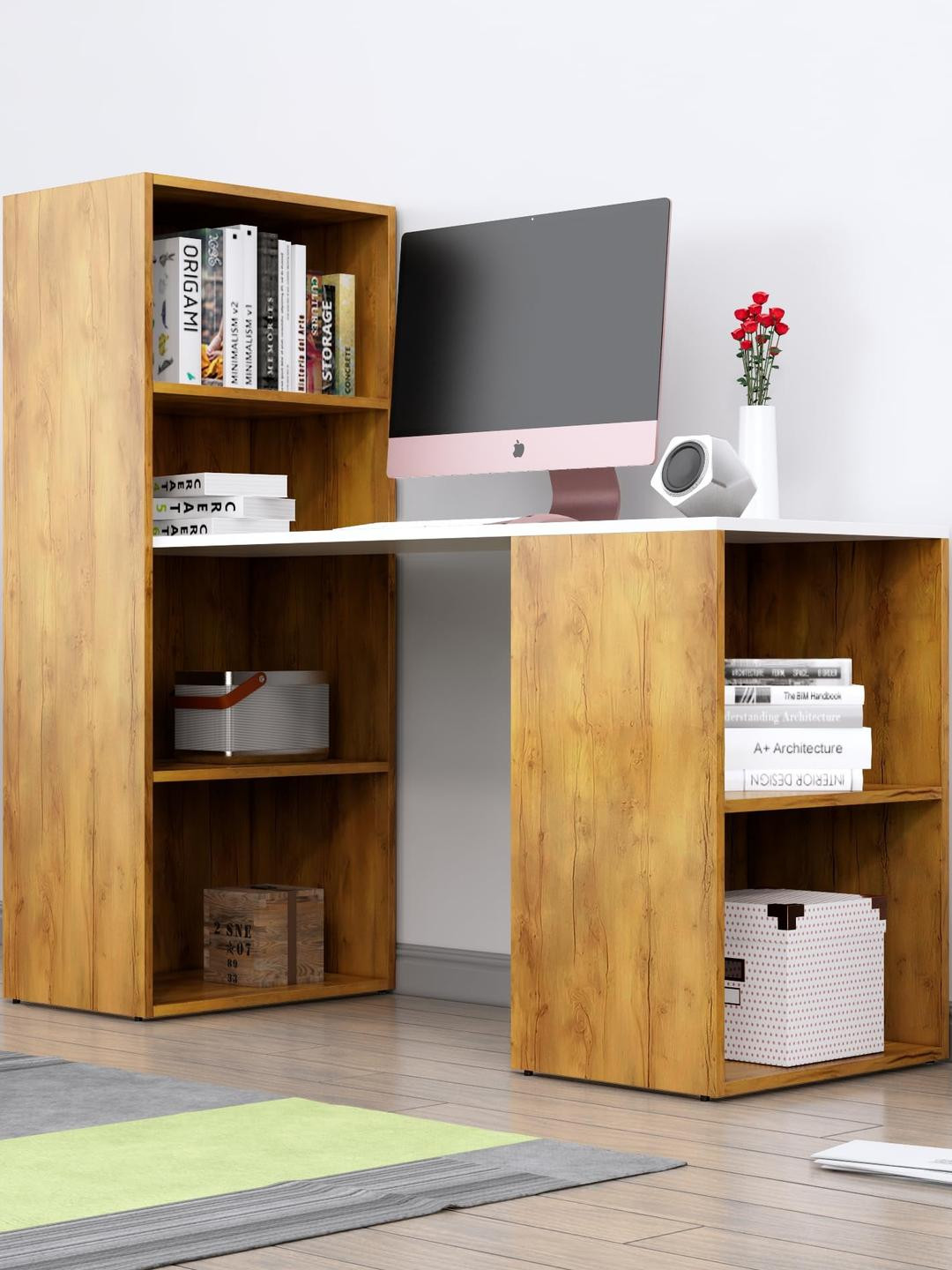 HEXA RED Unisex Beige Color Engineered Wood  Free Standing Study Table with 5 Shelves