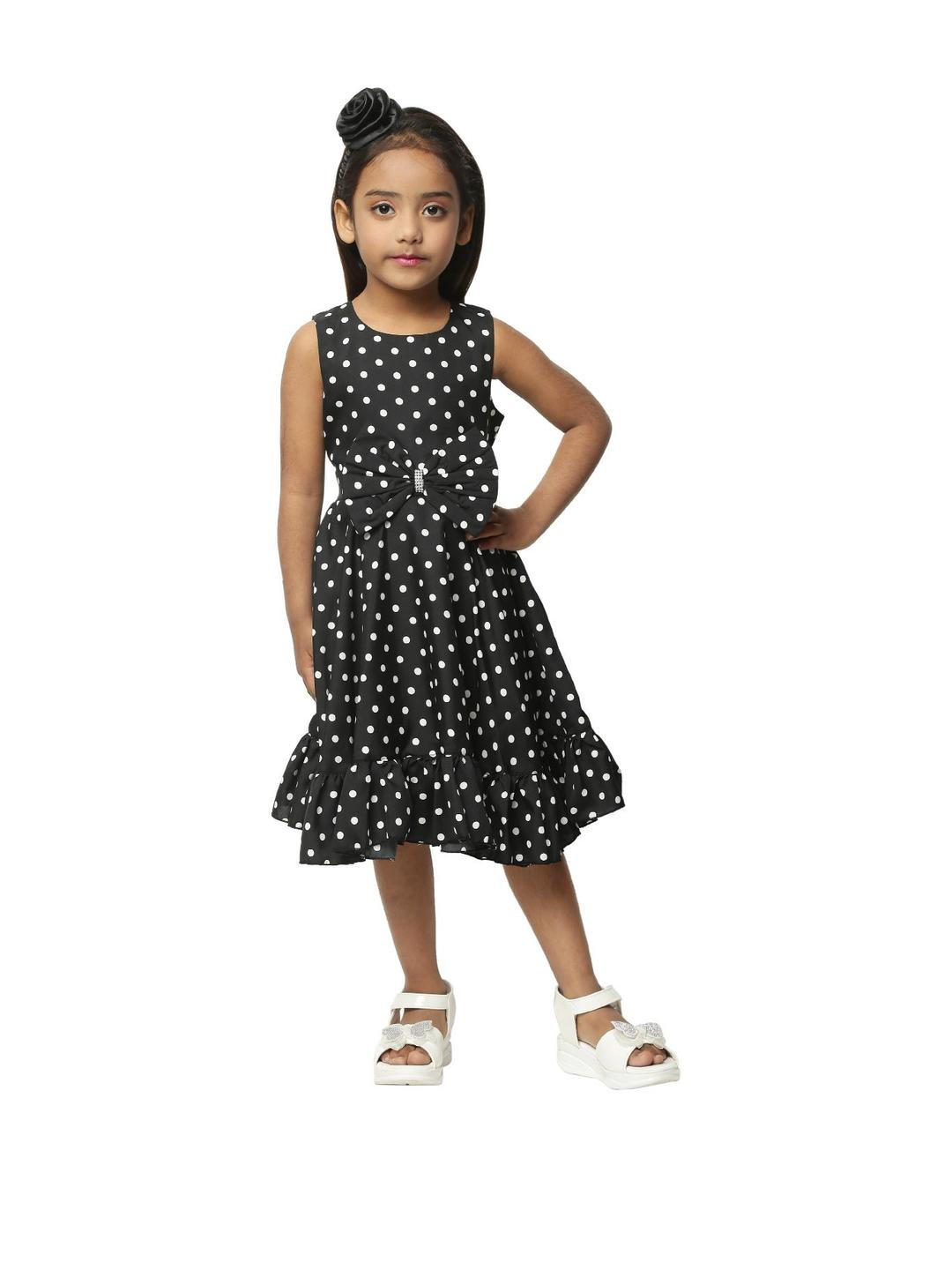 Shahina Fashion Girls Polka Dots Printed Bow Detail High-Low Hem Fit and Flare Dresses