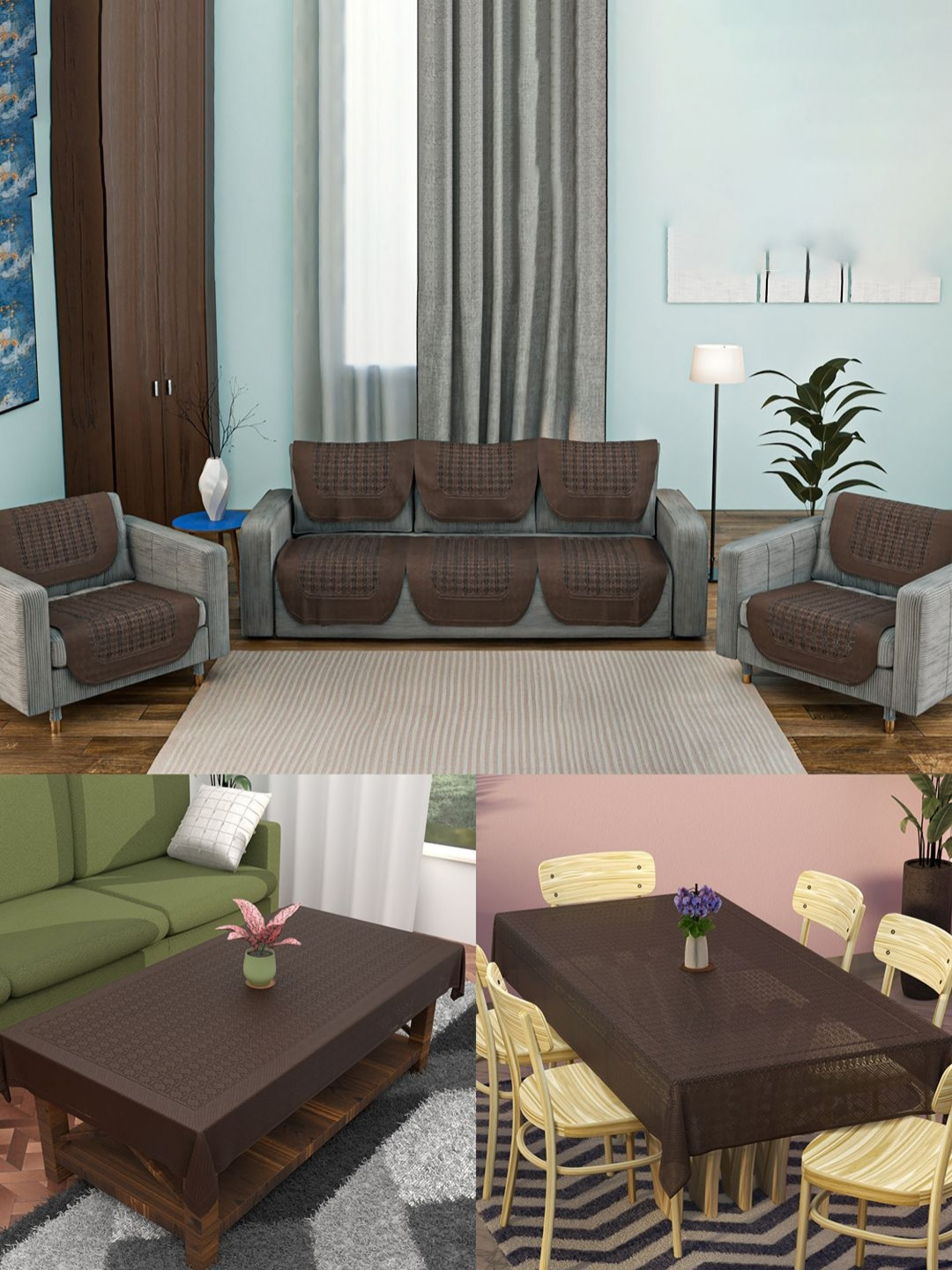 RUBOXA 12 Pieces Combo Brown Cotton Sofa Cover Set & Center & Dining Table Cover