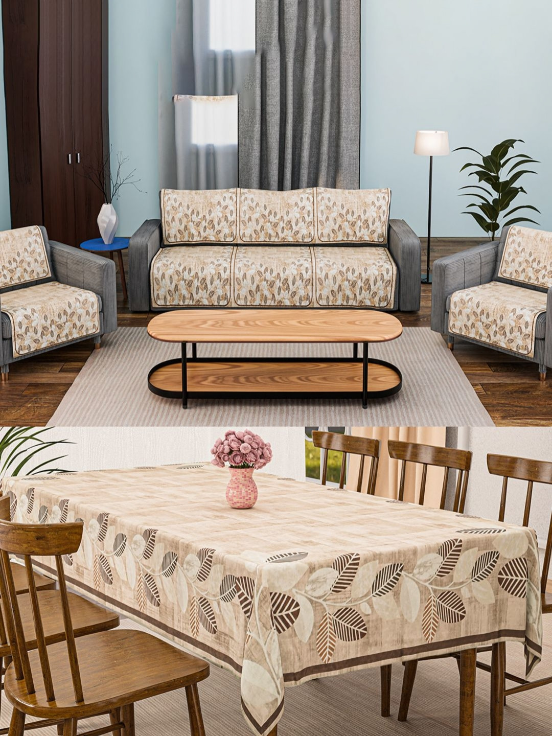 RUBOXA 11 Pcs Brown & White Velvet 5 Seater Sofa Cover and 6 Seater Dining Table Cover