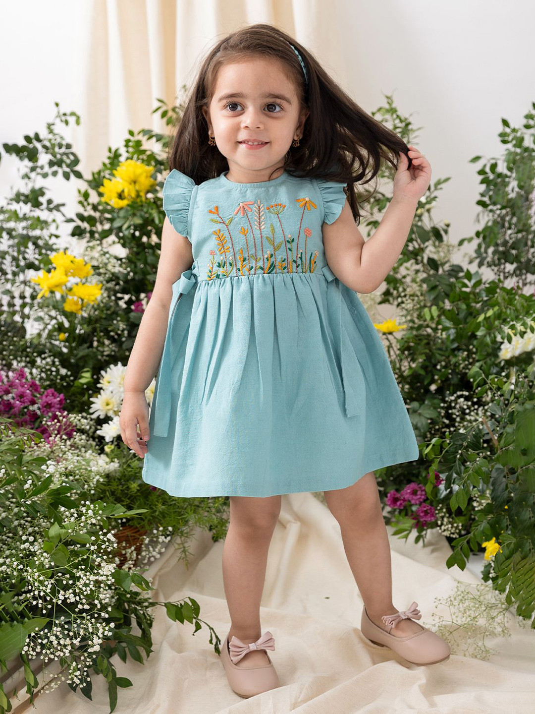 Tiber Taber Girls Cotton Floral Embroidery Dress Blue