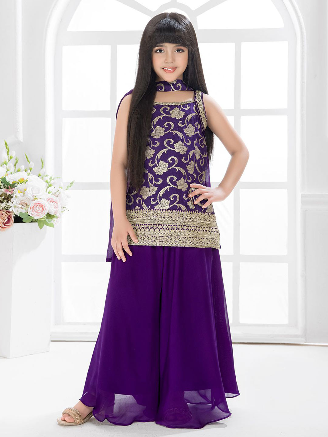 Tiny Kingdom Girls Floral Woven Design Square Neck Georgette Kurti With Palazzos & Dupatta