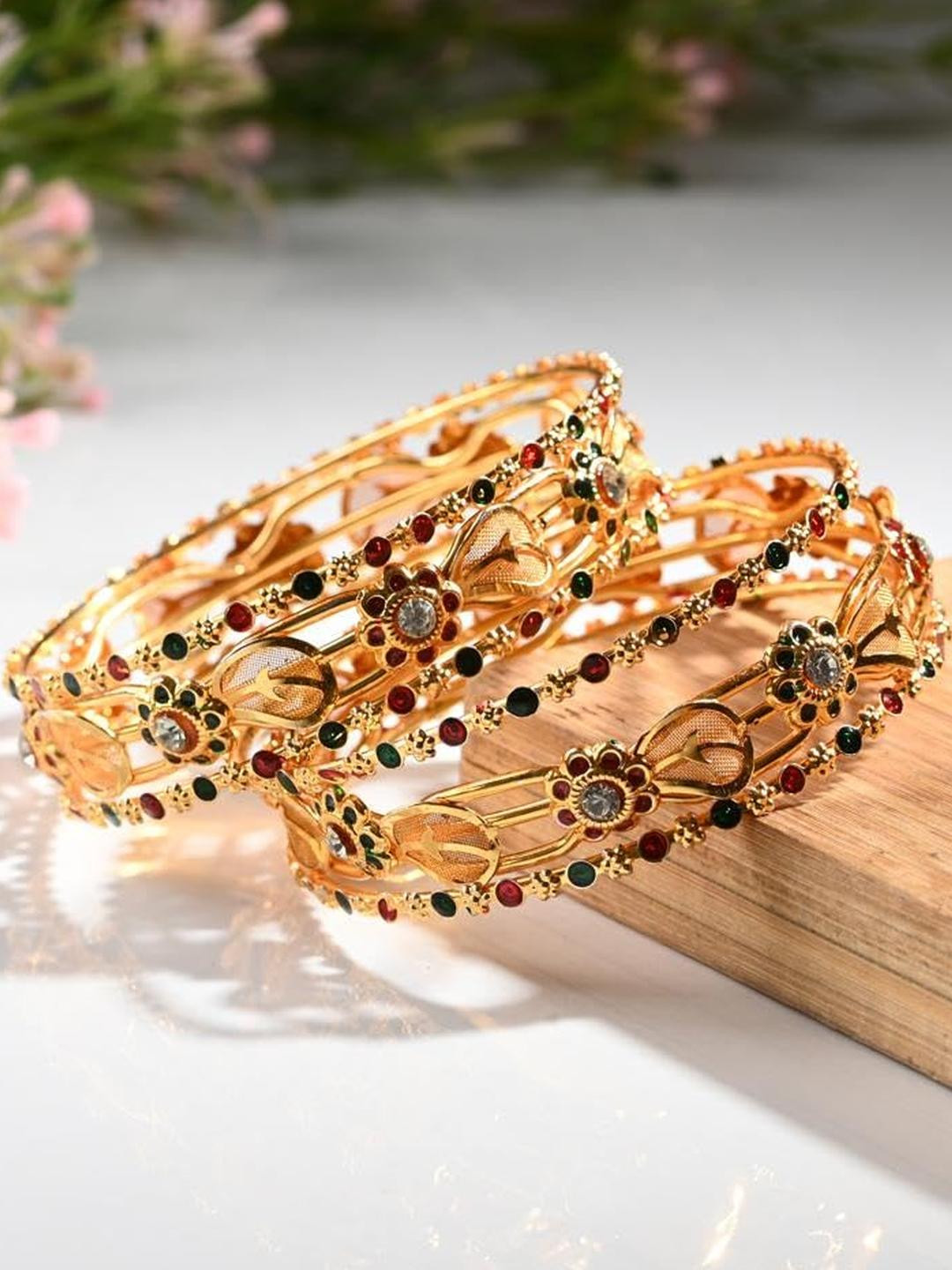 1ST TIME Women Pack of 2 Floral Stone Studded Gold-Plated Brass Bangle