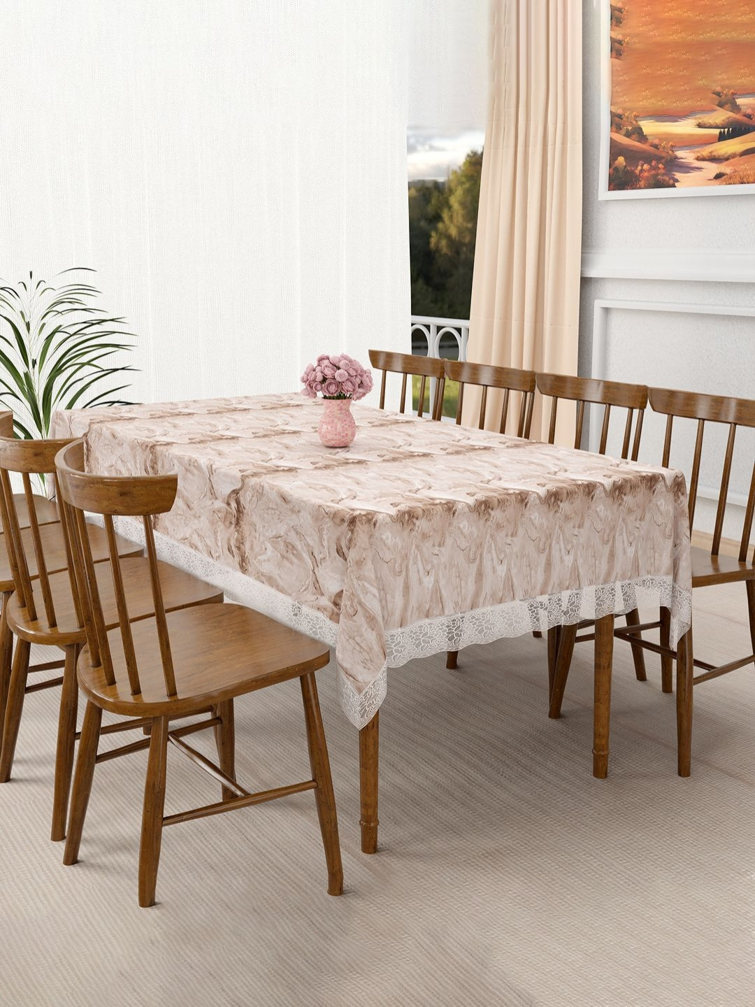 RUBOXA Brown Marble Printed 8-Seater Table Cover