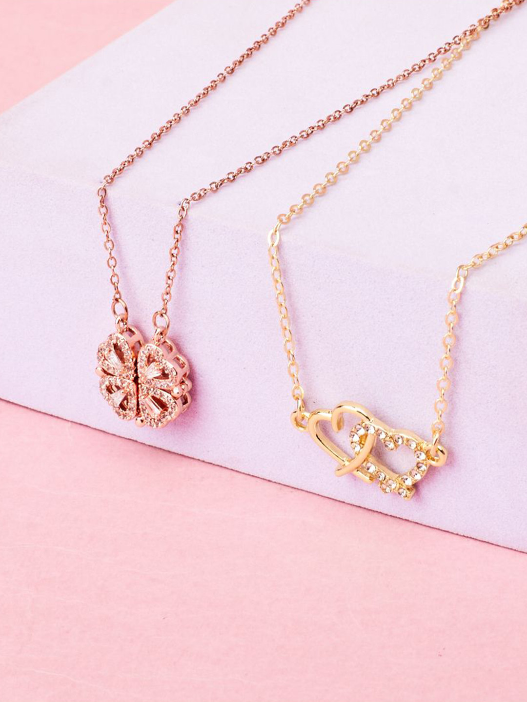 SALTY Set Of 2 Stones-Studded Magnetic Clover & Linked Hearts Chains