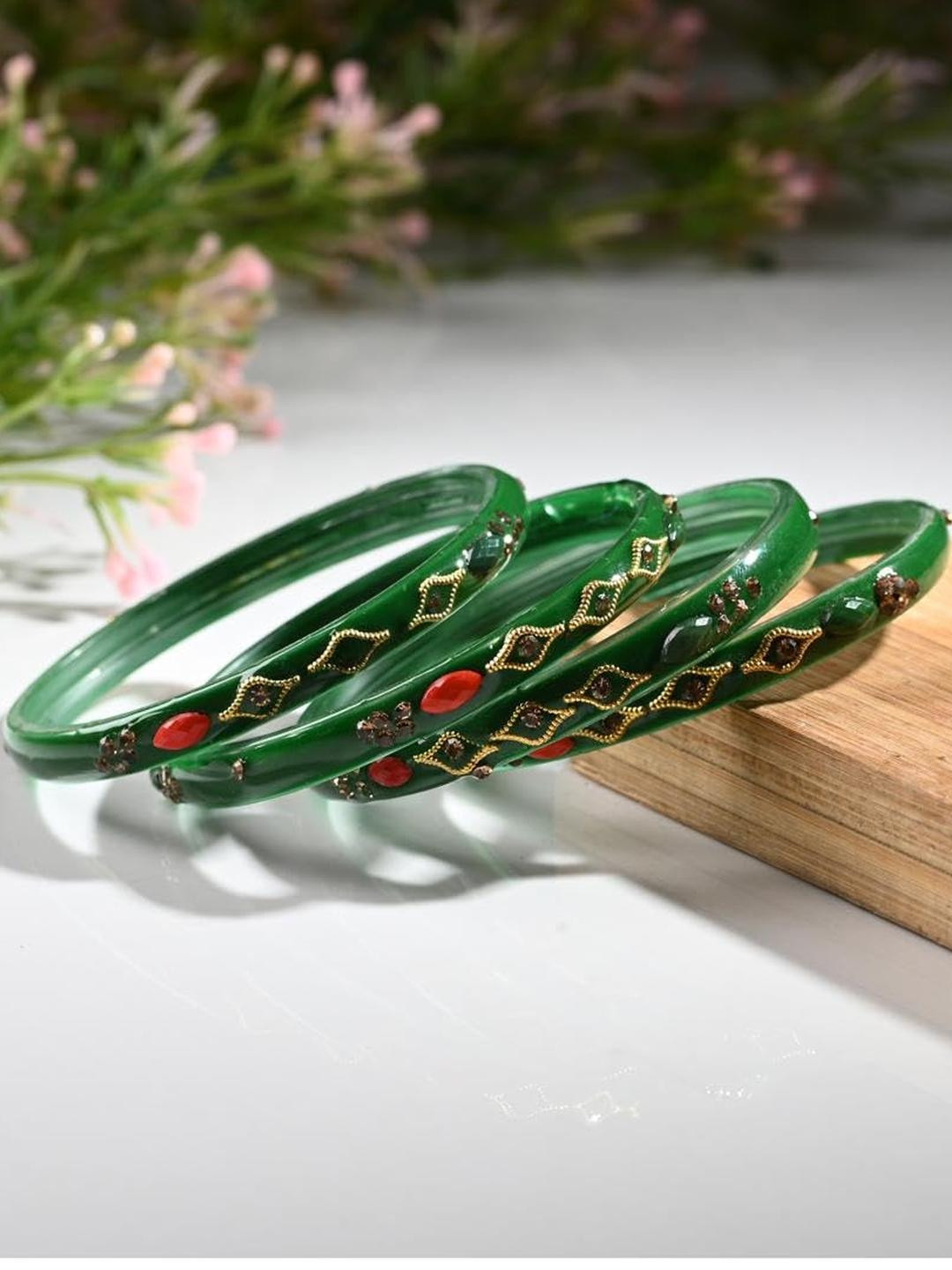 1ST TIME Women Green Set Of 4 Stone Studded Alloy Bangle