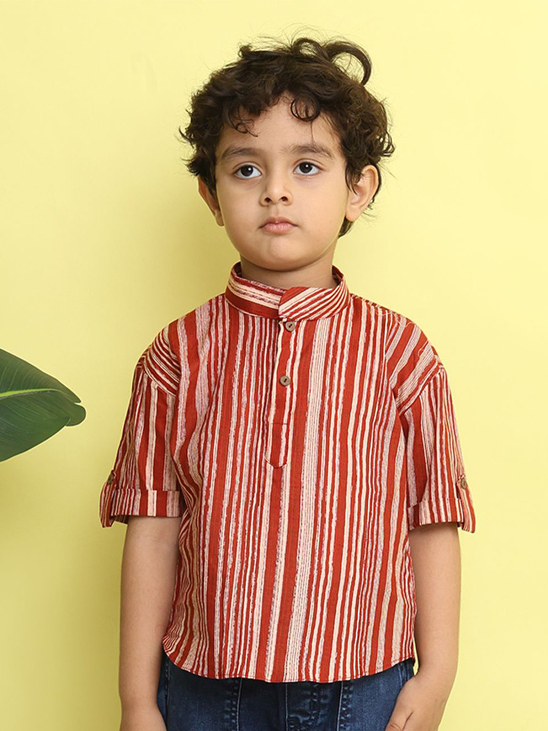 Here&Now X Kinder Kids Boys Striped Roll-Up Sleeves Mandarin Collar Cotton Shirt