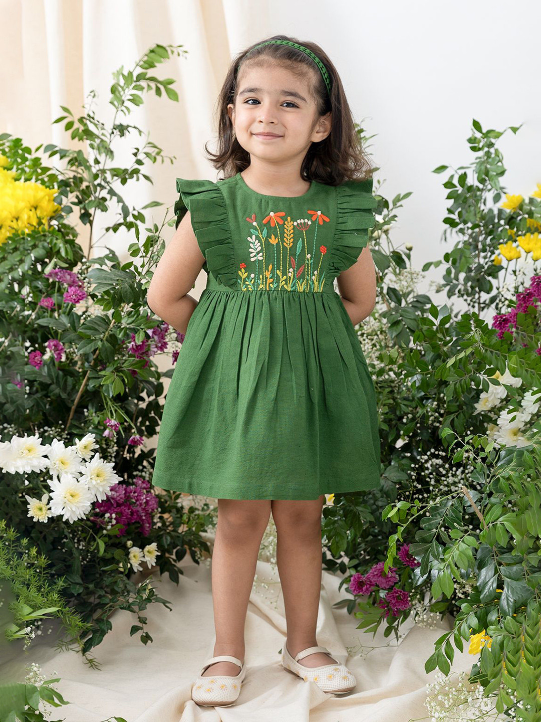 Tiber Taber Girls Ethnic Embroidered Flutter Sleeves Fit And Flare Dress With Bloomer