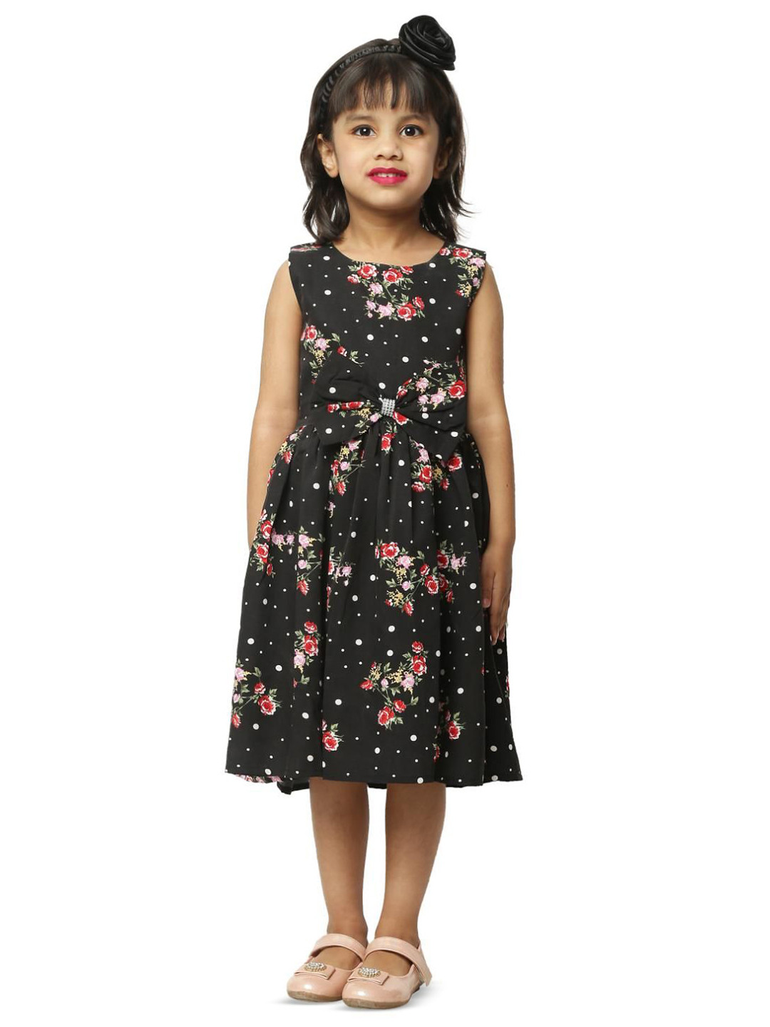 Wow Princess Girl's Floral Printed Sleeveless Bow Details Fit and Flare Midi Dress