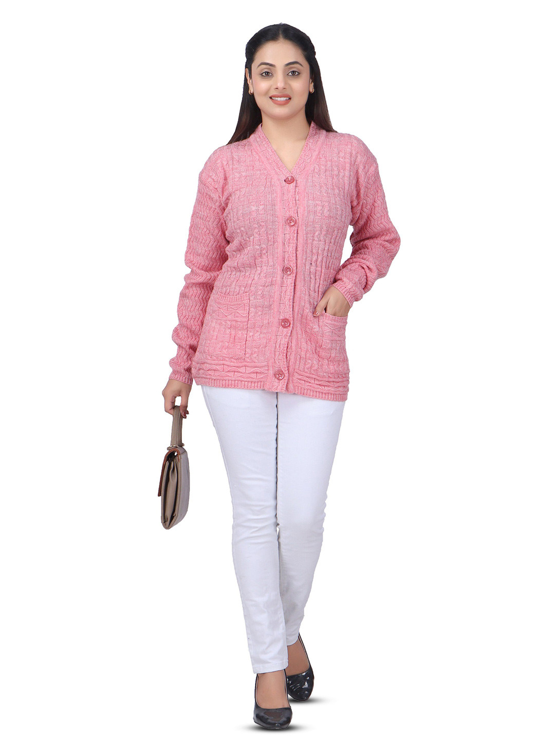 WOOL 4U Misri Women V-Neck Woollen Front-Open Sweaters