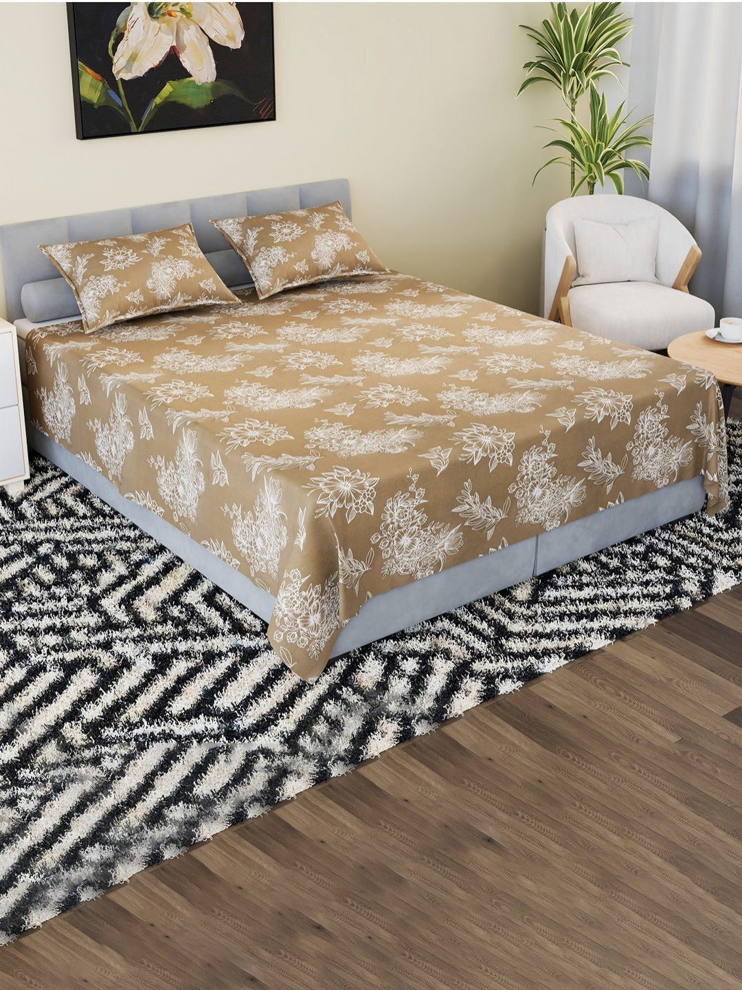 RUBOXA Brown & White Floral Cotton 180 TC Double King Bedsheet Set-