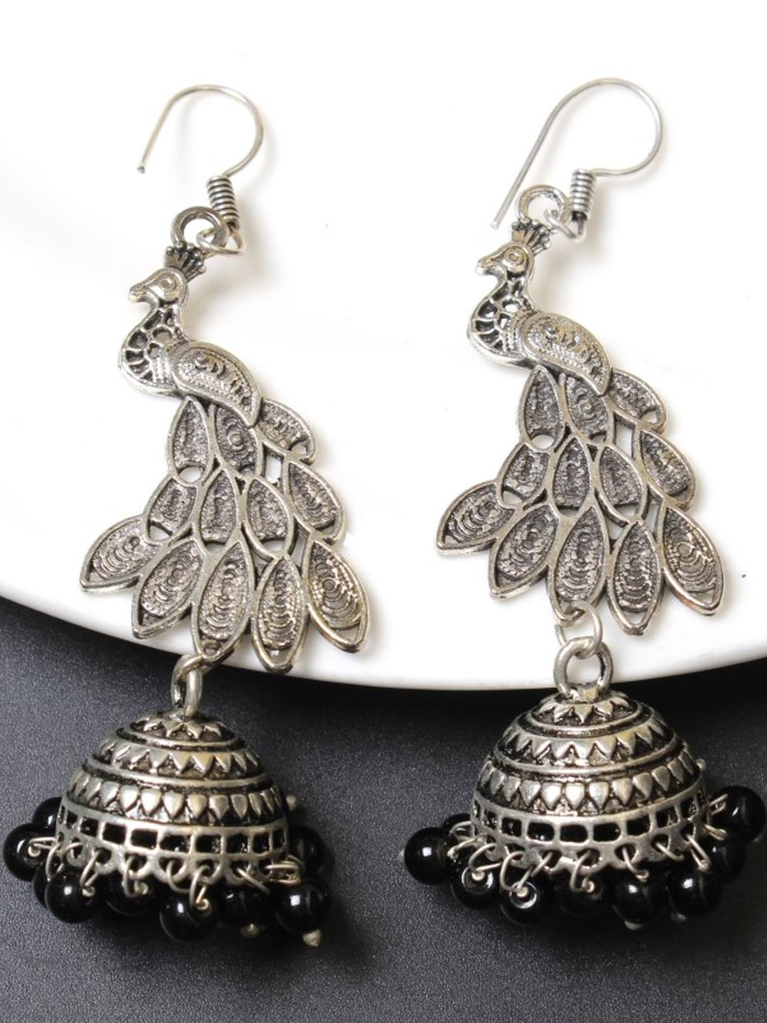 FASHION EMPIRE Oxidized German Silver Peacock Design Jhumka Earrings