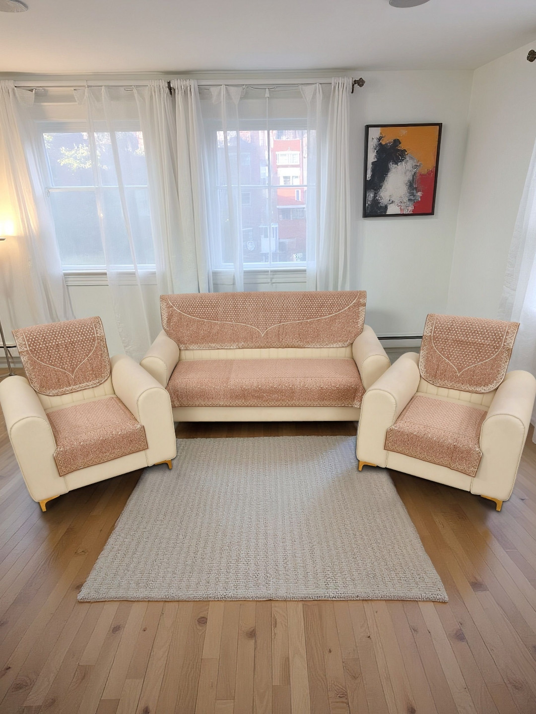 MORADO Peach & Cream Printed  5 Seater Sofa Cover