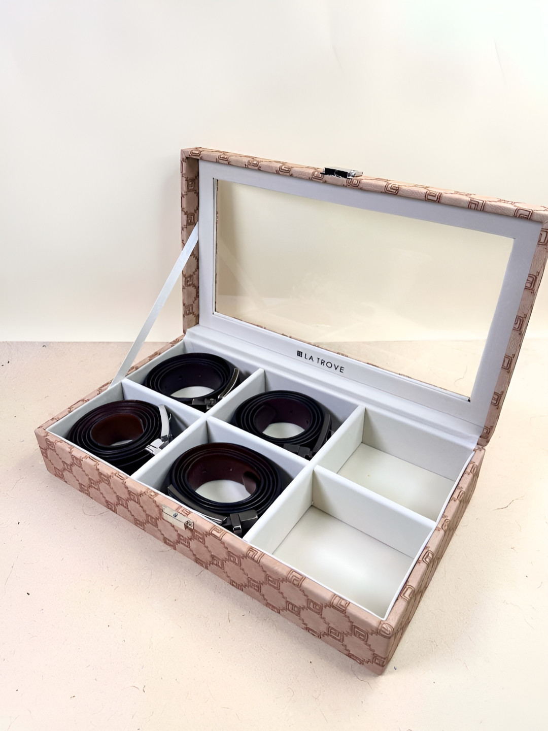La Trove 6 Slot Champagne Leather Belt Box Display Organizer Closet Box