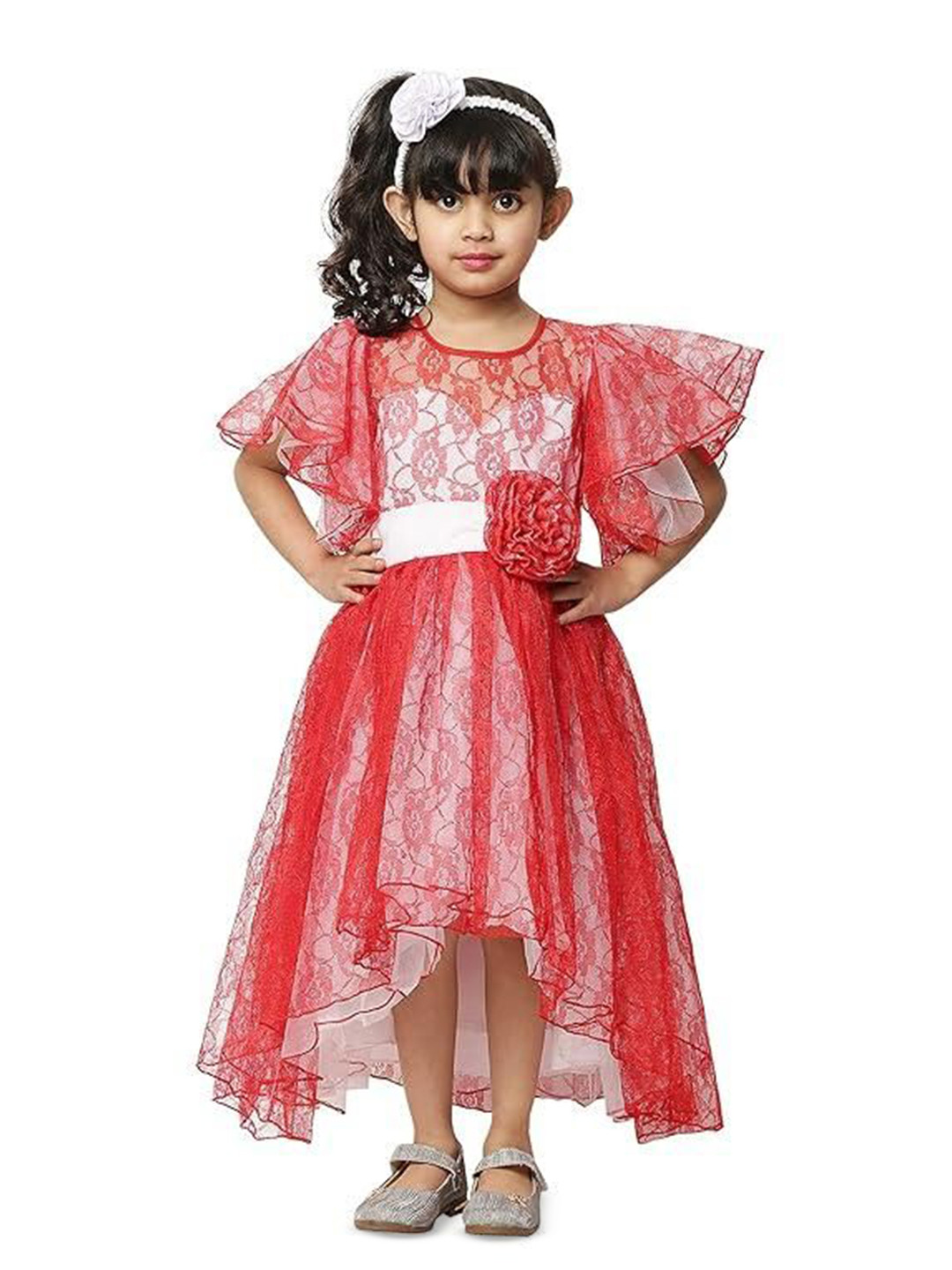 Wow Princess Girls Round Neck Flared Sleeves Semi Sheer Dress With High-Low Hem