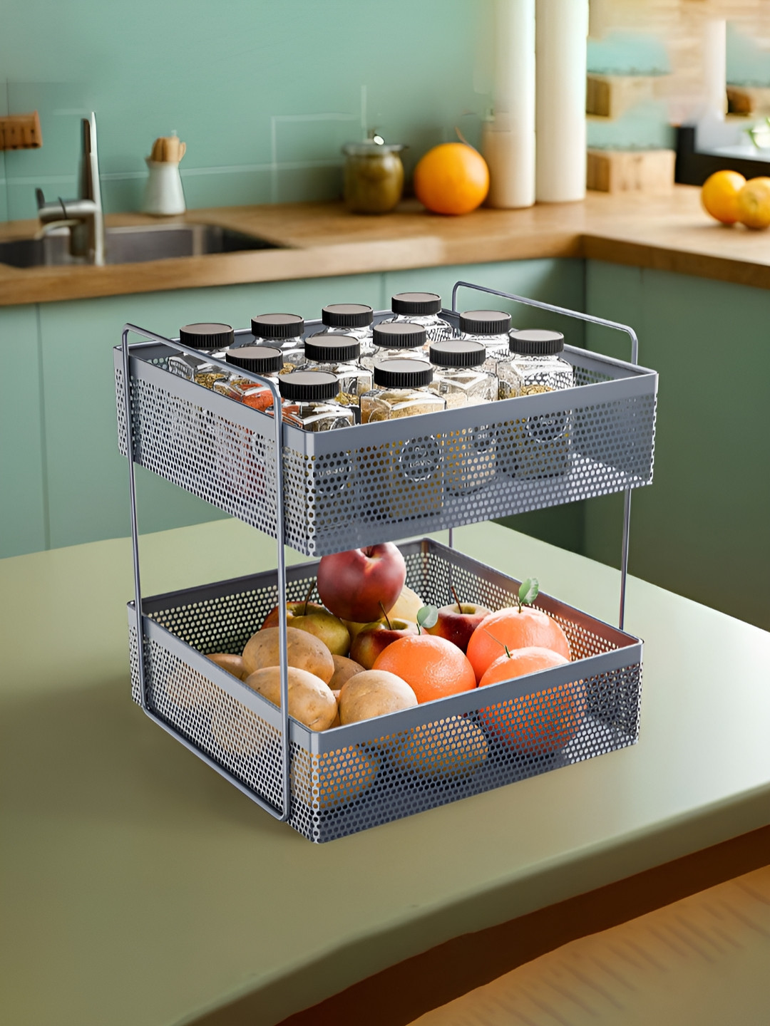 RUBOXA Grey Metal Square Kitchen Rack Stand Organiser Multi-Utility Organisers
