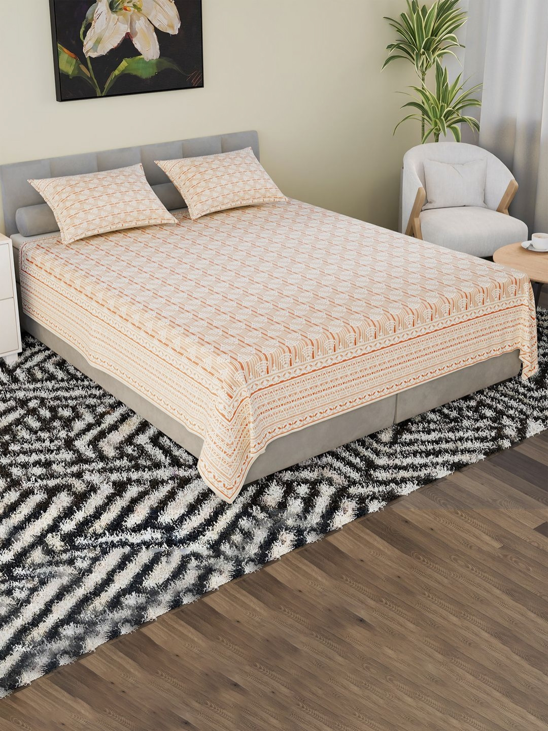 RUBOXA Orange & White Ethnic Motifs Cotton 160 TC Double King Bedsheet Set-2.64 m x 2.16 m