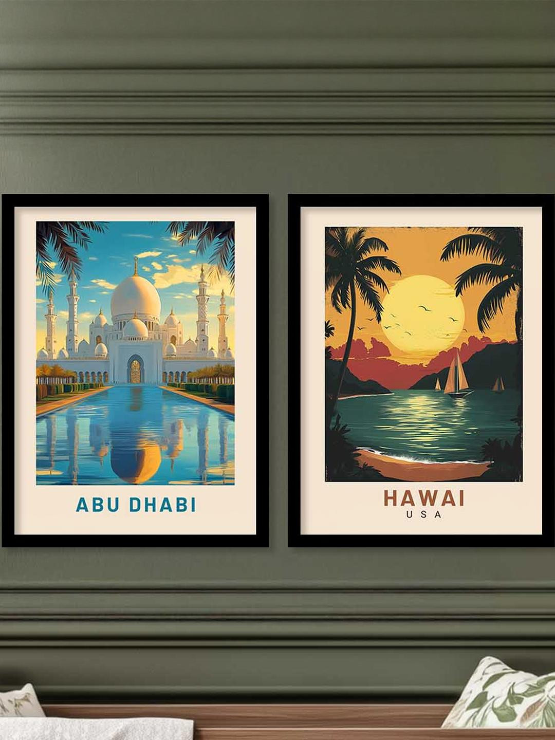 WALLLANE Set of 2 Black Wood Abstract Wall Paintings With Frame