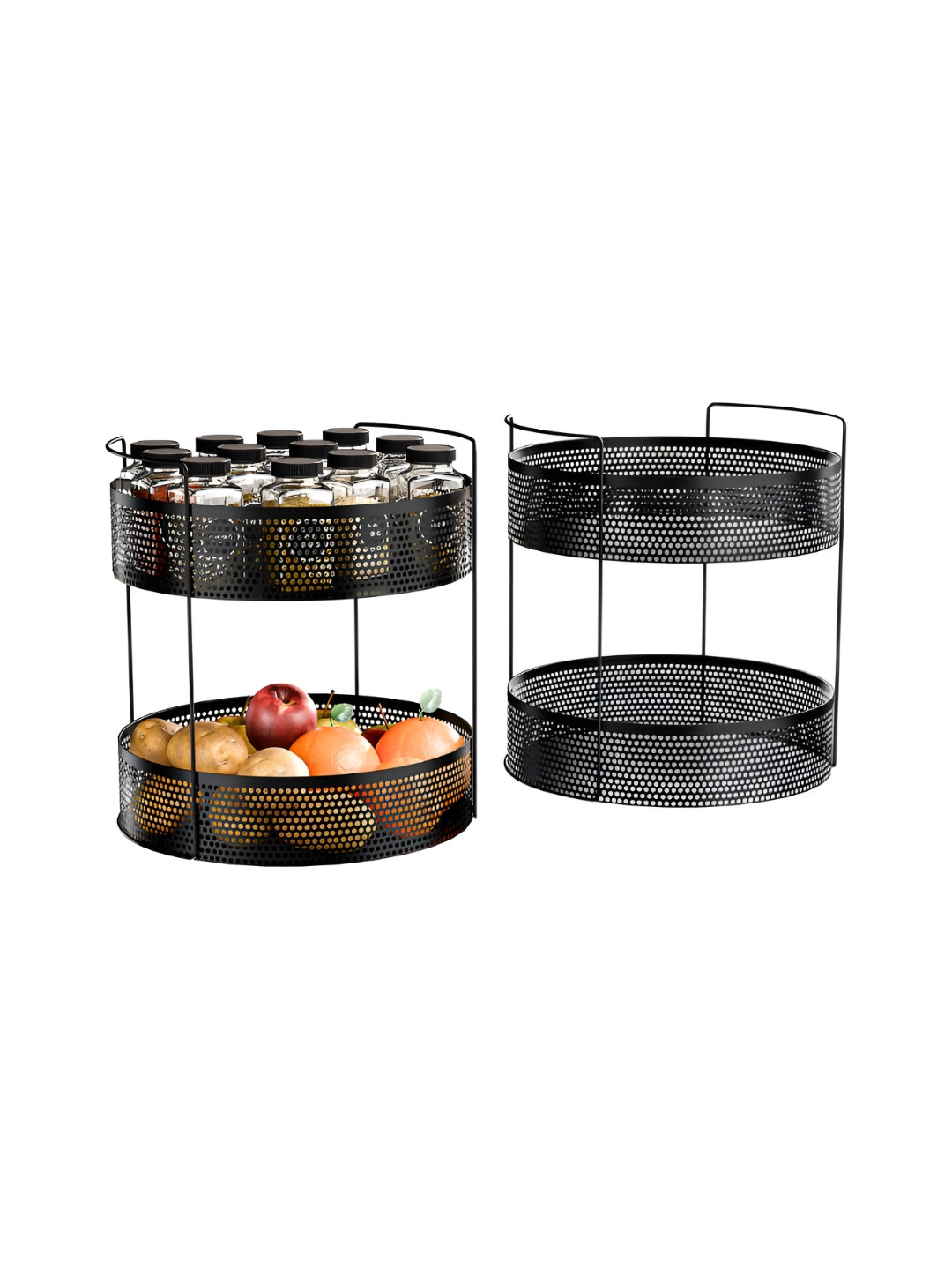 RUBOXA Set of 2 Black Metal Round 2-Tier Kitchen Rack Stand Organiser Fruit Basket