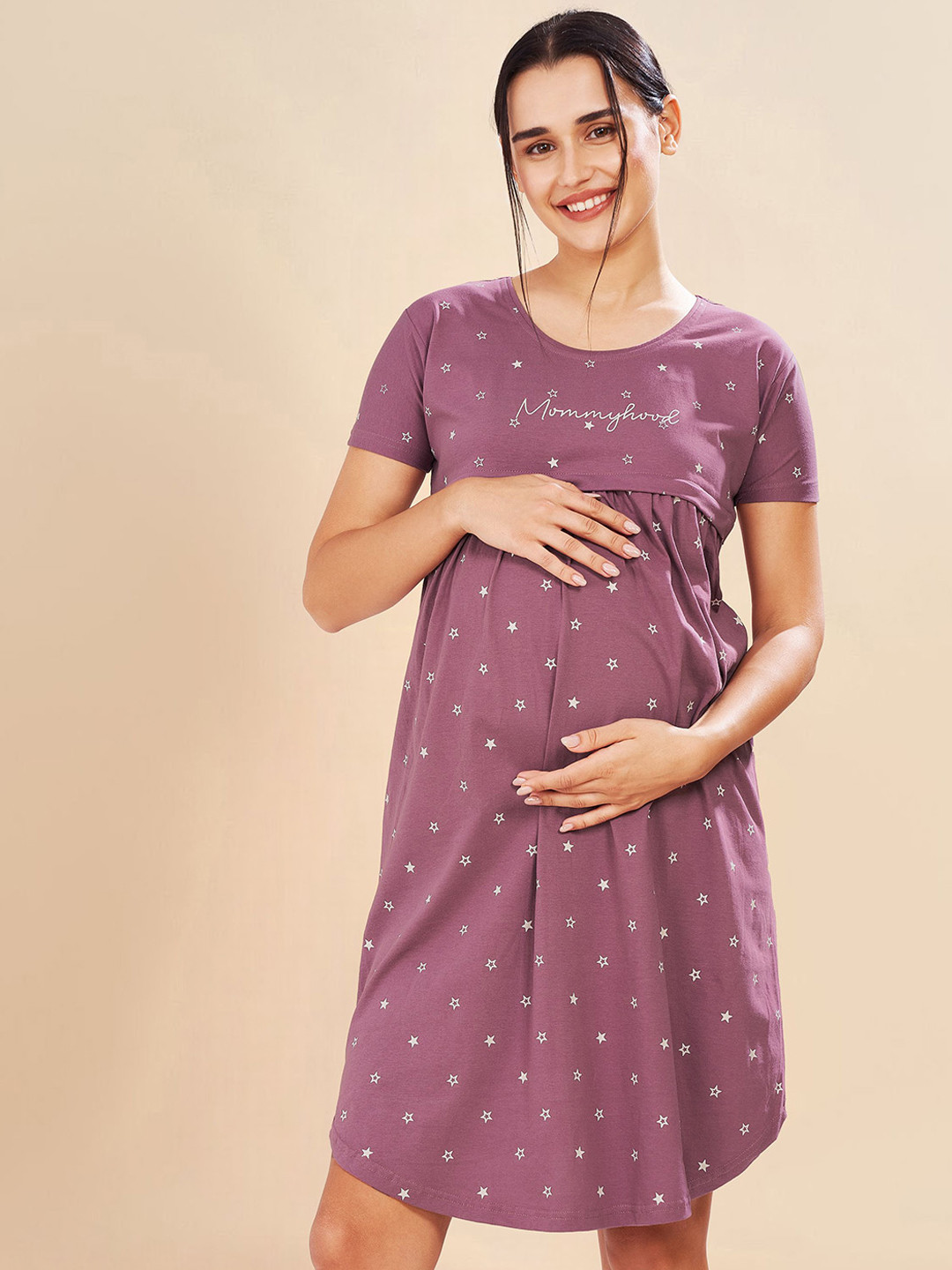 PASTEL CLIP Women Cotton Star Printed Maternity Nightdress