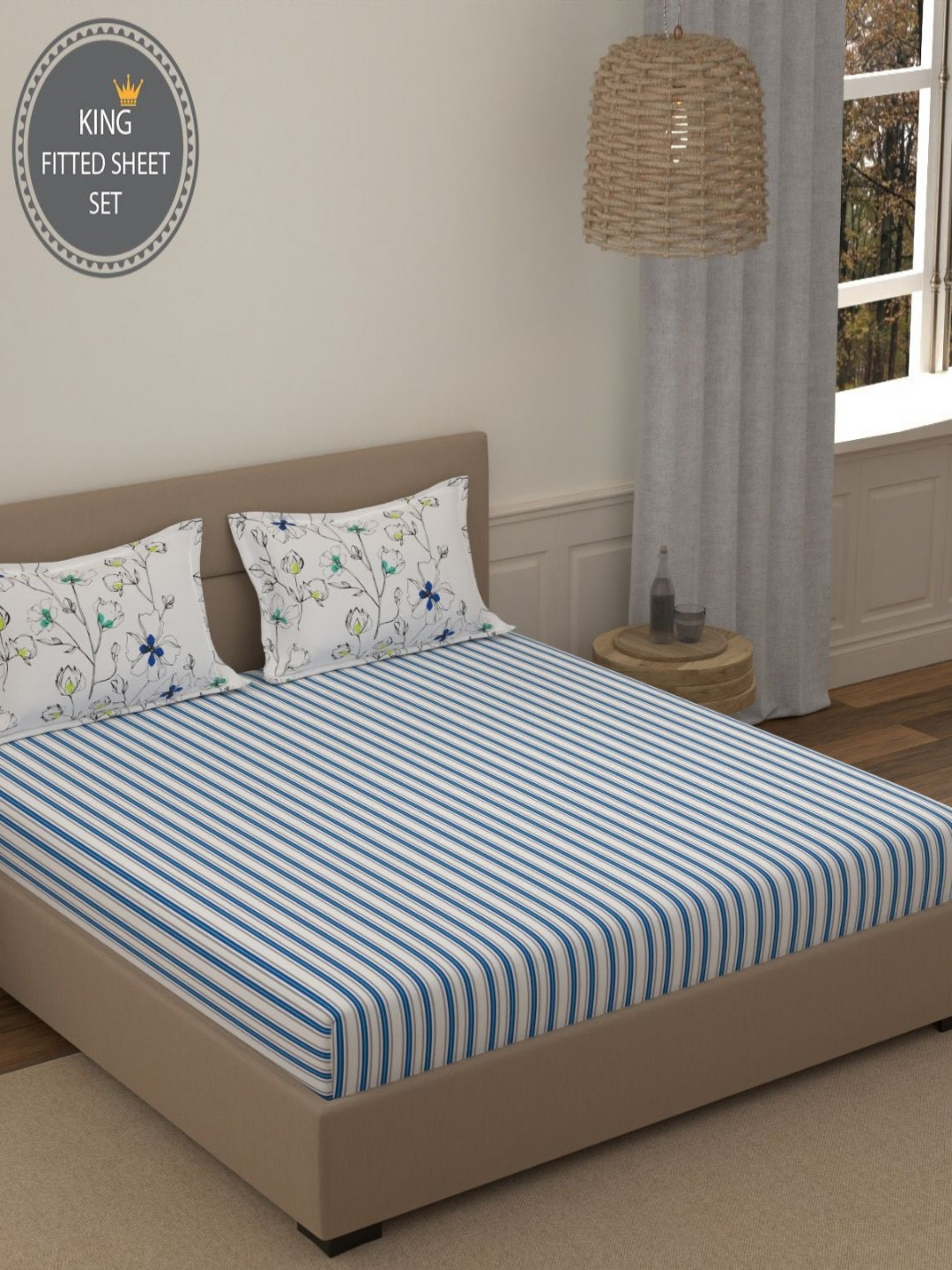 Portico Fusion 144 TC Cotton Blue King Size Fitted Sheet 2 Pillow Covers