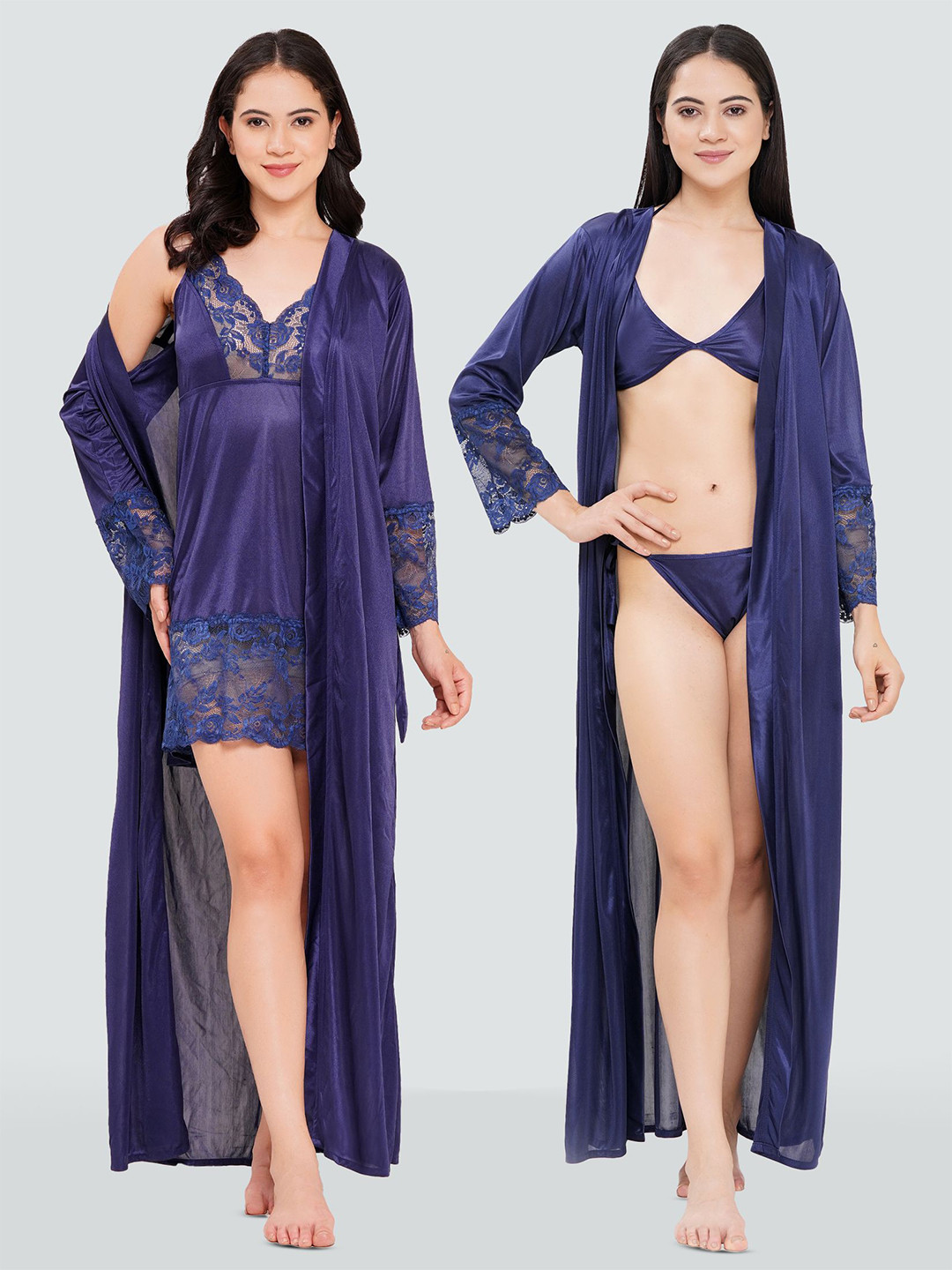 Dreambe Lace Satin Sweat Nightdress with Lingerie Set