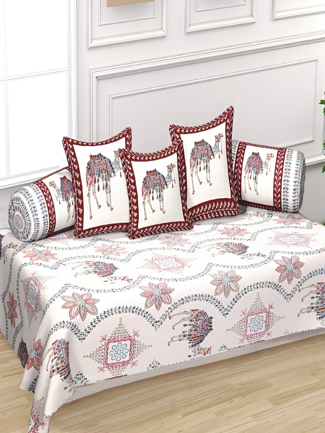 INDHOME LIFE 6Pcs White & Maroon Printed Pure-Cotton 190TC Breathable Diwan Set