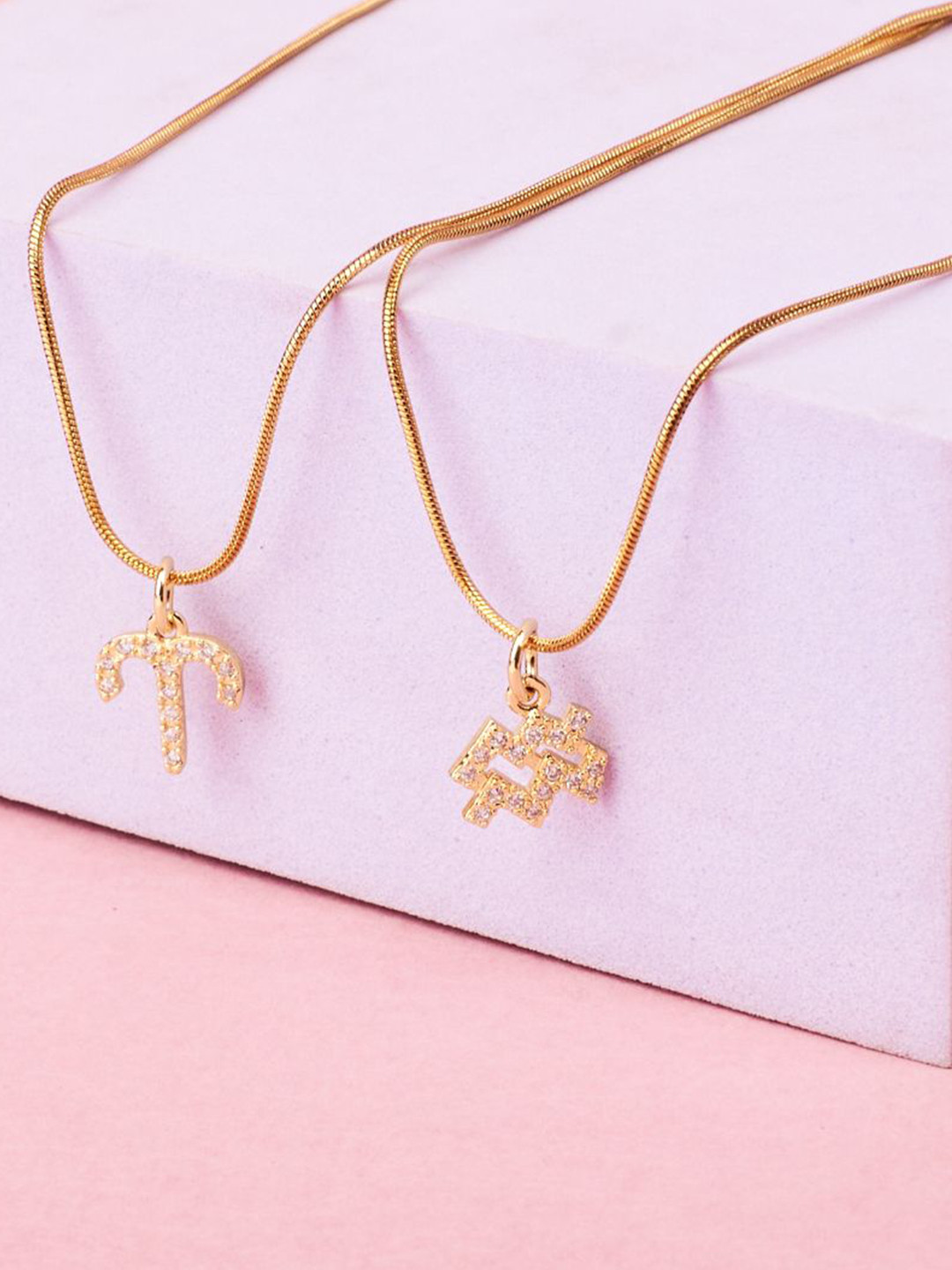SALTY Set Of 2 Stones-Studded Aries & Aquarius Pendant With Chain