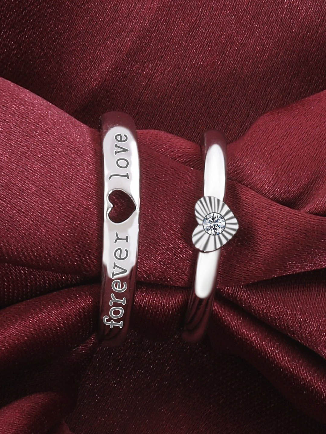 Ringzinnie Unisex Set Of 2 Stainless Steel Stone-Studded Heart Shaped Couple Finger Rings