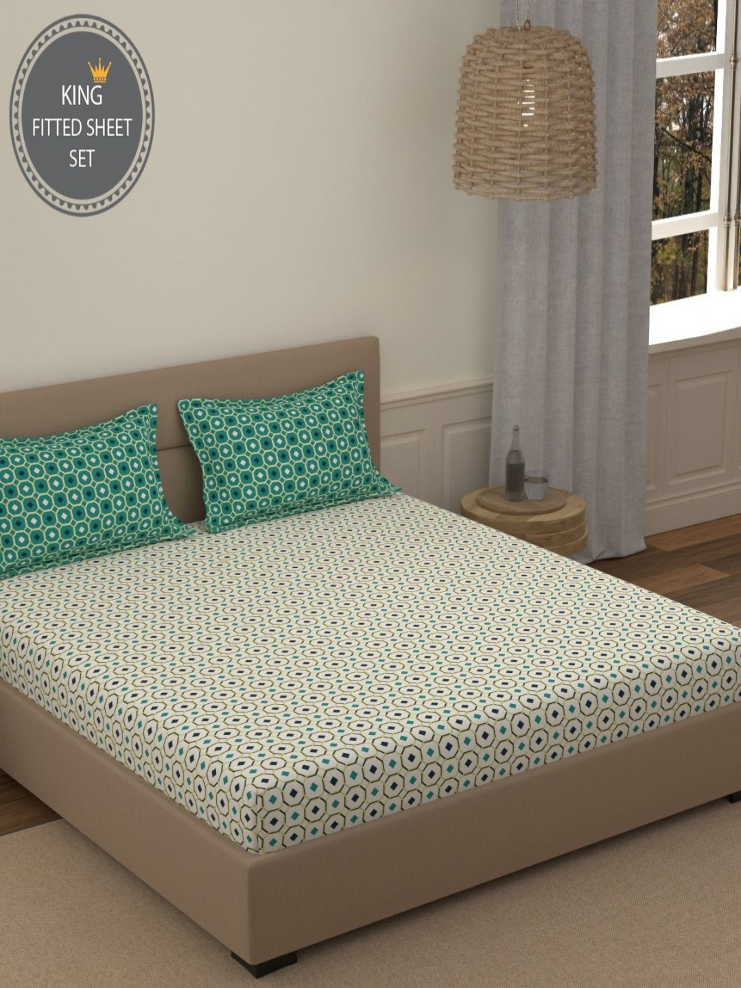 Portico Fusion 144 TC Cotton Blue King Size Fitted Sheet 2 Pillow Covers