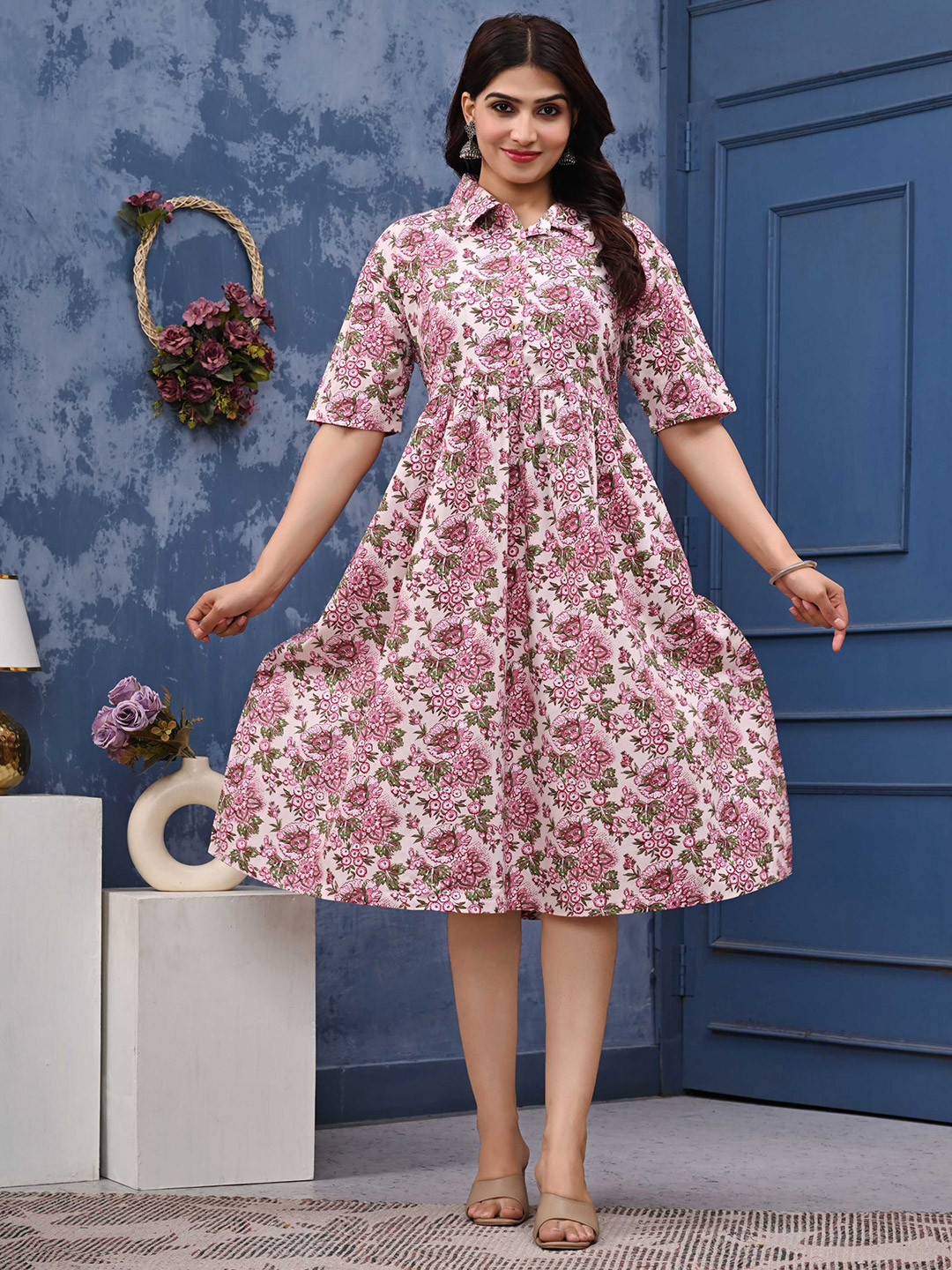 Cloth Bites Women Shirt Collar Floral Print Fit and Flare Dress