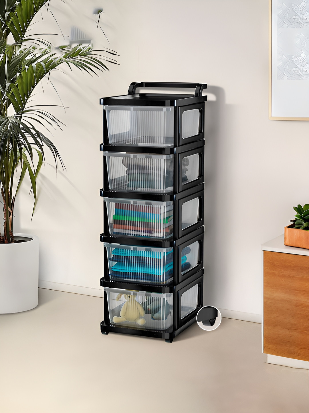 RUBOXA Transparent & Black Textured 5 Layer Drawer Organiser With Wheels