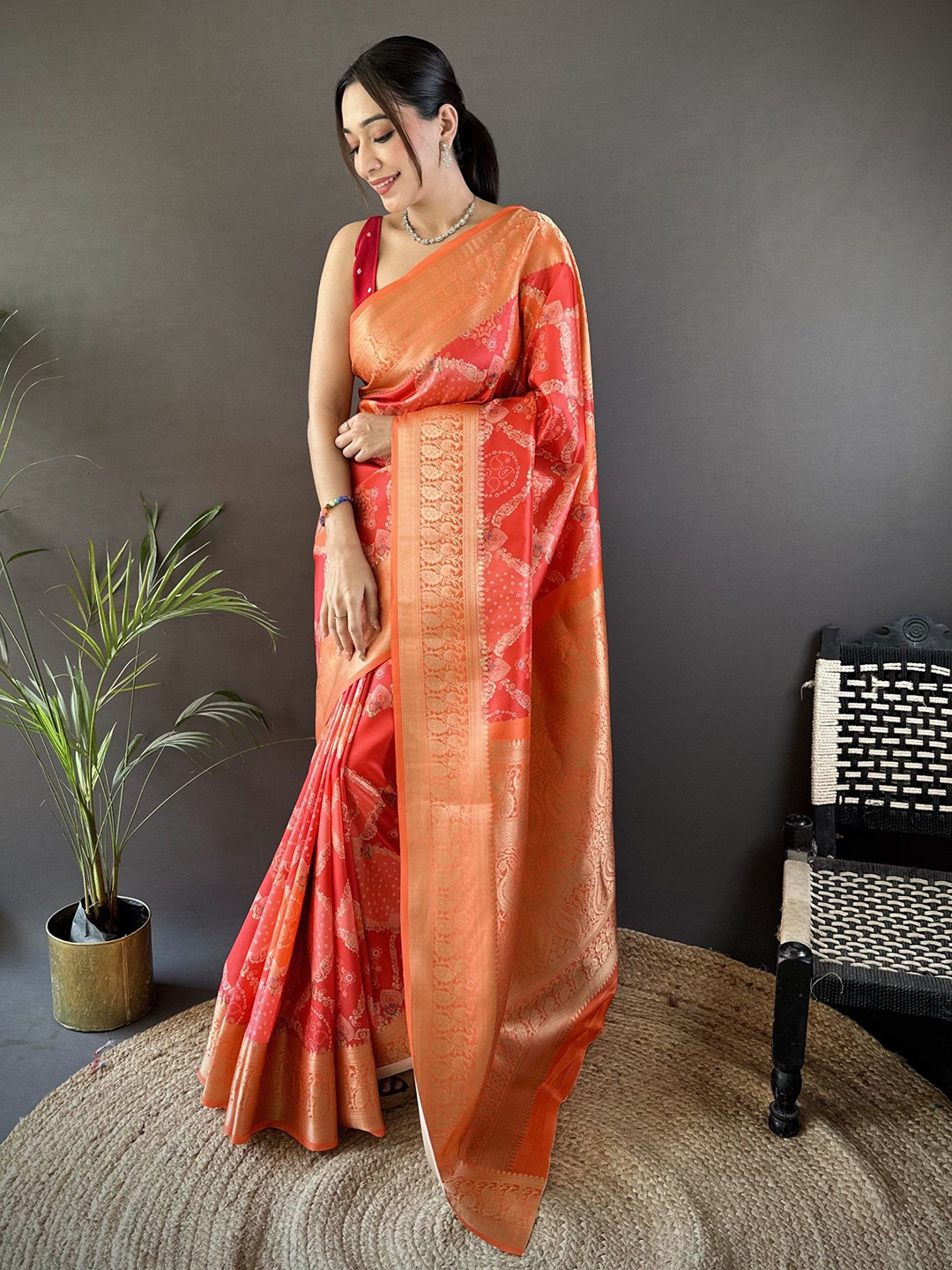 Pandadi Saree Bandhani Woven Design Zari Bandhani Saree with Blouse Piece