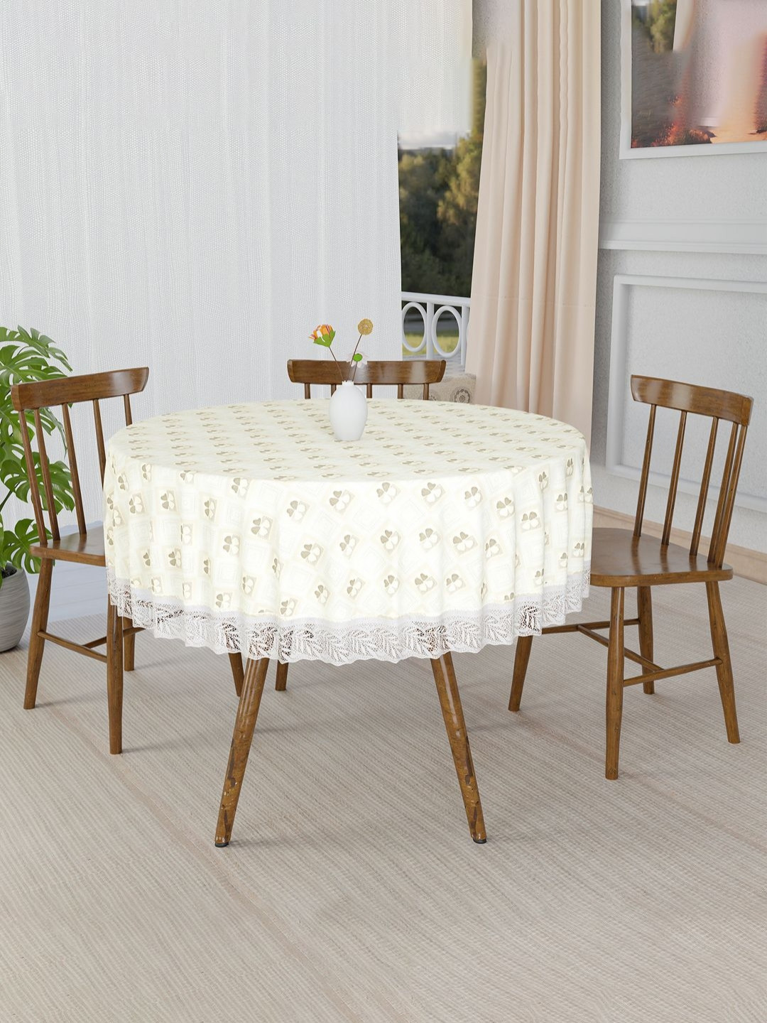 RUBOXA Cream-Coloured & Brown Floral Printed Round 4-Seater Table Cover