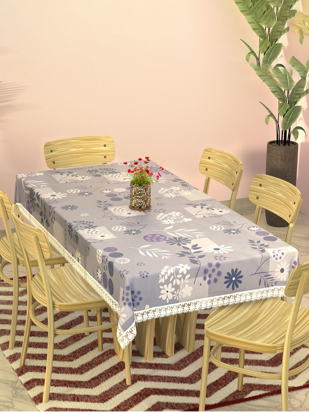 RUBOXA Grey Floral Plastic 6-Seater Table Cover