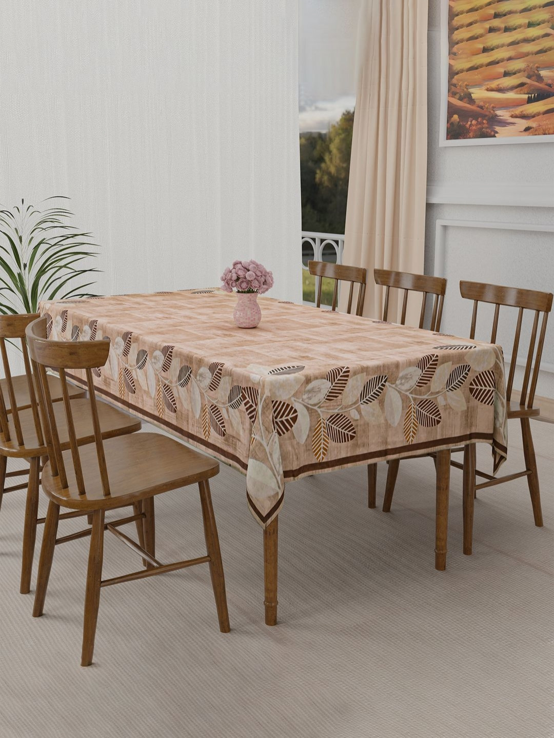 RUBOXA Brown Floral Printed Velvet 6-Seater Table Cover