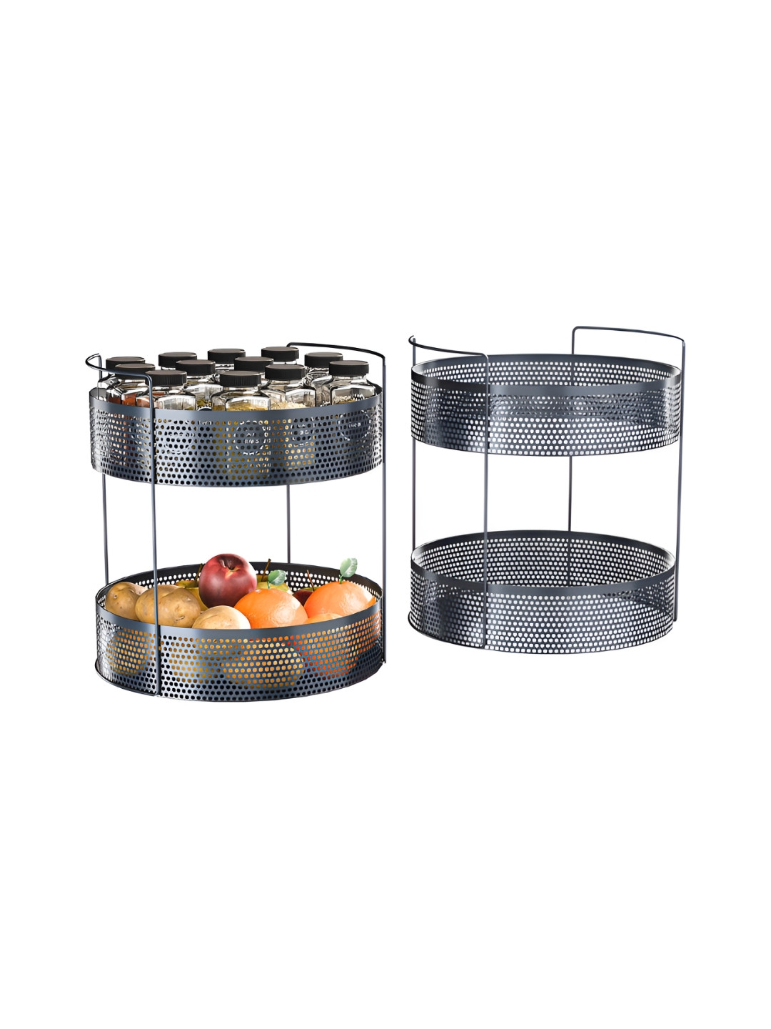 RUBOXA Set of 2 Grey Metal Round 2-Tier Kitchen Rack Stand Fruit Basket Spice Rack