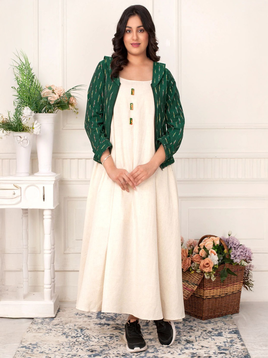 DIIWATAA Women Cotton A-Line Dress With Ikat Jacket